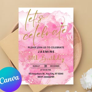 Blush Pink Let&#39;s Celebrate Invitation Template Editable Surprise Birthday Party Invite Printable Baby Shower Party Any Age Gold Glittery