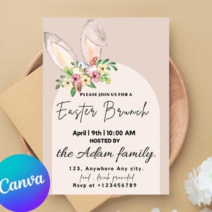 Easter Egg Hunt Brunch Invitation Bunny Easter Party Invite Rabbit Floral Spring Patel Pink Gold Editable Printable Download