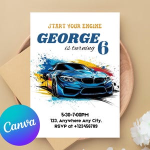 Blue Race Car Birthday Invitation Template, Editable Sports Car Party Evite, Boys Racing Car Digital Birthday Invitation, Sport Cars Invite