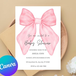 EDITABLE Pink Bow Invitation for Baby Shower, Minimalist Baby Shower Pink Watercolor Ribbon Blush Pink 1st Birthday Digital Template