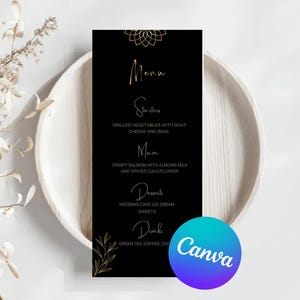 Modello modificabile per menu festa di compleanno, carte menu in agata nera e oro, carta menu per cena di compleanno, stampabile