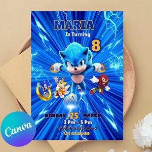 Modello di invito di compleanno di Sonic modificabile, inviti stampabili per la festa di compleanno di Super Hedgehog, festa di compleanno per ragazzi di Super Sonic, inviti di Sonic