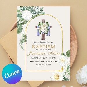 Modelo de convite de batismo, arco rústico de flores verdes, editável, cartão de convite de batismo rosa, convite para impressão, Templett Download INSTANTÂNEO