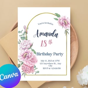 Faire-part 18e anniversaire en fleurs roses et dorées Faire-part d'anniversaire Carte d'invitation d'anniversaire florale Téléchargement instantané Imprimable