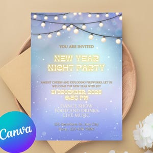 New Years Party Invitation, Holiday Party Invitation, Editable New Years Party Canva Download Printable, Gold Glitter New Years Invite 2024
