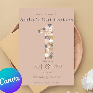 Wildflower 1st Birthday Invitation, Muted Blush Boho Floral Girls Birthday Garden Party Invite, Butterfly EDITABLE TEMPLATE Download