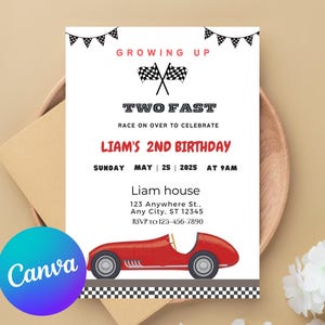 TWO Fast Birthday Invitation Vintage Race Car Birthday Two Fast Birthday Invite Retro Race Car Birthday Editable Digital Download Invitation