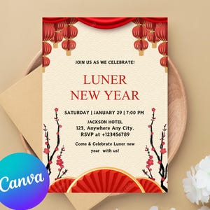 Invitación de cumpleaños editable para el Año Nuevo chino y celebración de la fiesta del Año Nuevo lunar para cualquier edad, elegante plantilla para el Año Nuevo lunar