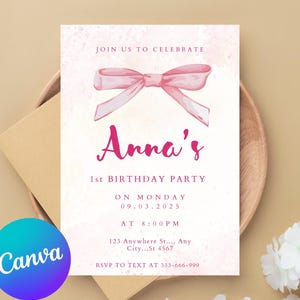 Pink Bow 1st Birthday Invitation Girl, First Birthday Template Printable, Pink Coquette Bow Invitation 1st Birthday Girl Invite, Bow Invite