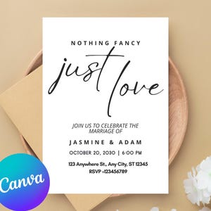 Nada extravagante, apenas convite de amor, convite para recepção de fuga, convite de anúncio de casamento minimalista, modelo editável Canva