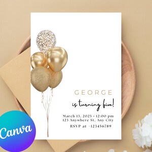 Gold 8th Birthday Invitation Balloon Editable Printable Invite Gold Glitter Instant Download Editable Template
