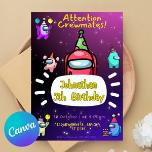 Among Us Space Adventure Geburtstagseinladung - lustige Kinderparty einladen, digitale Canva-Vorlage, bearbeitbare Geburtstagseinladung, Kindergeburtstagseinladung