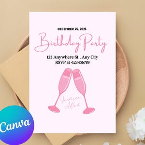 Champagne Birthday Invitation, Editable Minimalist Wine Birthday Invite, 30th 40th 50th Any Age, Liquor Celebration Printable Download