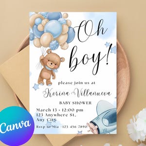 Faire-part de shower de bébé Oh Boy modifiable, faire-part de baby shower garçon ballon bleu marine, modèle de paillettes d'or bleu aquarelle baby shower