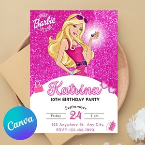 Faire-part de fête modifiable pour poupée mode, invitation de fête de fille Barbie, invitation d'anniversaire de filles Invitation d'anniversaire de poupée rose invitation d'anniversaire de Barbe