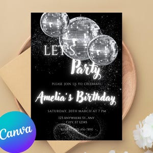 Lets party silber Diskoeinladung Digitaler Download, Discokugel Geburtstagsfeier einladen, 30.Geburtstagsvorlage Einladen