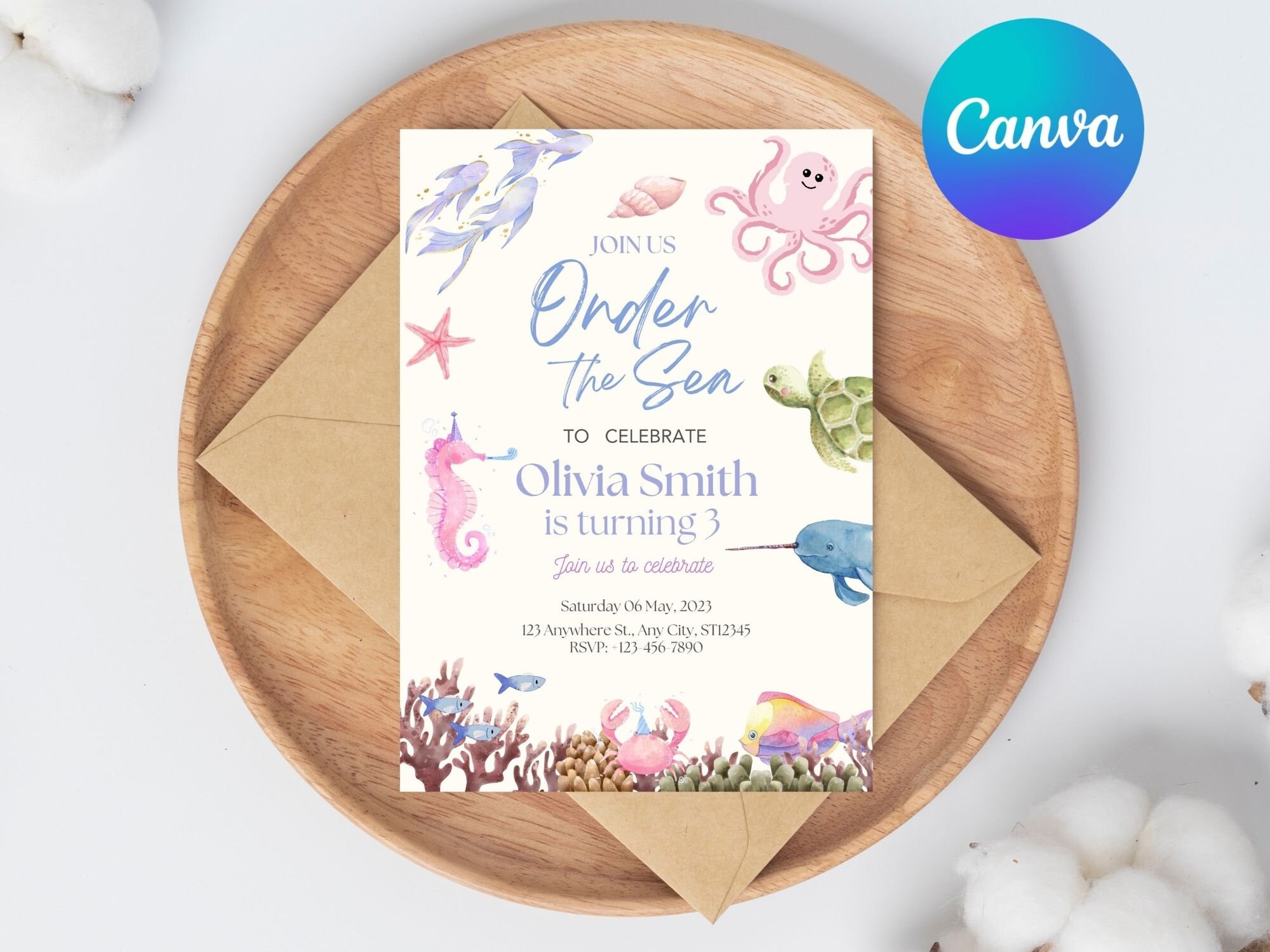 Oneder the Sea Birthday Invitation Printable, Under the Sea Editable Template, 1st Birthday ...