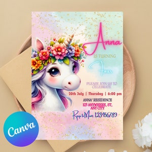 Modello modificabile di invito compleanno unicorno, invito stampabile arcobaleno pastello per ragazze, invito digitale unicorno arcobaleno scintillante per bambini
