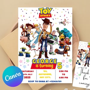 Kinder bearbeitbare Toy Story-Geburtstagseinladungsvorlage, druckbare Geburtstagsfeiereinladungen, digitale Kinderpartyeinladungsvorlage-Bday-Karte