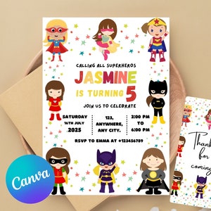 Modelo de convite de aniversário de super-heróis editável, convite para festa de aniversário para impressão, modelo de convite para festa infantil, cartão de aniversário de super-herói