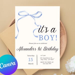 Blue Bow Baby Shower Invitation Template Printable, Baby Boy, Blue Coquette Baby Shower Invite, Baby Shower Invitation Boy Coquette Bow