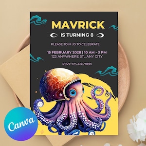 Editável - Modelo de convite de aniversário com tema OCTOPUS MONSTER, convite personalizado, download instantâneo, para impressão, 5x7in