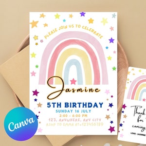 Rainbow Birthday Invitation for Girls, Gold Stars Modern/Boho Rainbow, Fun Girls Birthday Invitation Template, Editable Printable Download