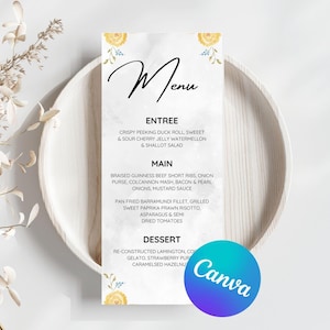 Plantilla de menú de boda, tarjetas de menú florales coloridas, plantilla de menú Boho Wildflower