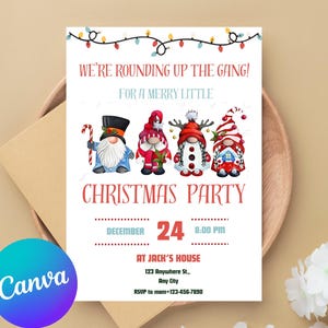 Gnome Christmas Template Invitation, Editable Christmas Invitation, Digital Invitations, Festive Gnome Christmas Invitation, Invite Template
