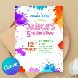 Uitnodigingen voor feest in kleur, kleurplonsfeestje, regenbooguitnodiging, kleurplaat, bewerkbare verjaardagsuitnodiging, digitale feestuitnodiging.