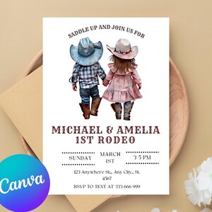 Invitación para fiesta de cumpleaños conjunta de hermanos, niño y niña, vaquera y vaquera - Descarga digital instantánea - Plantilla editable