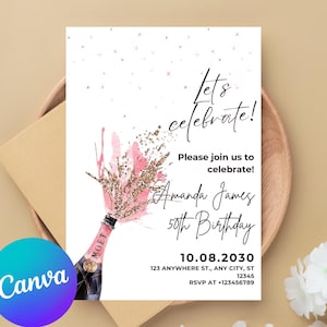 Carte d'invitation d'anniversaire adulte champagne, invitation d'anniversaire adulte wine cheers femme modifiable, invitation d'anniversaire floral vin rose poudré