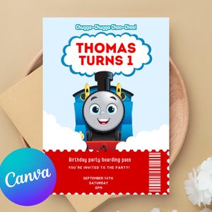 Bearbeitbar Thomas The Tank Lokomotive Geburtstagseinladung | Canva Digitale Vorlage | Druckbare Party einladen | Kindergeburtstag | Thema Zug