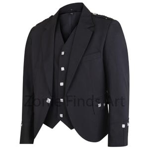 May include: A black kilt jacket with silver buttons and a matching waistcoat. The jacket has a notched lapel and a single button fastening. The waistcoat has a V-neck and a button fastening.