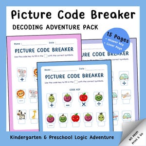 May include: A stack of "Picture Code Breaker" activity sheets for kindergarten and preschool. The sheets feature a code key with fruit and animal illustrations. The pack includes 15 pages, an answer key, and a cover page.