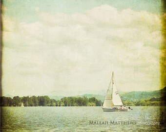 Sailboat Nautical Photography, lake sailing photo, vintage wall art, beach home decor, print - 8x8