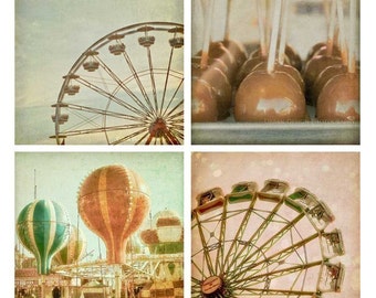 Carnival Photography Set - whimsical, pastel, wall art - ferris wheel, hot air balloons, caramel apples, 4x4 prints