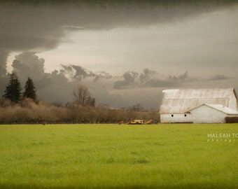 White Barn Foto, landschap storm fotografie, land boerderij kunst aan de muur, rustiek, groen bos