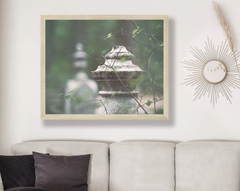 Stampa autunnale, Fotografia della lapide del cimitero, Foto dell'arte della pietra tombale, Natura, Arte del cimitero, Arte della parete verde e grigia,