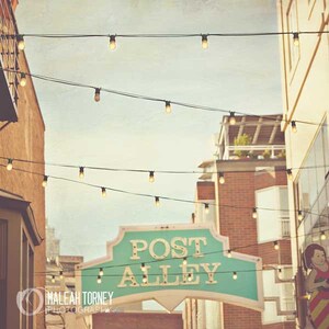 Seattle Photography, Post Alley, sign, brick buildings, architecture, Seatlle decor, print, farmers market, red