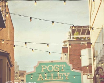 Seattle Photography, Post Alley, sign, brick buildings, architecture, Seatlle decor, print, farmers market, red