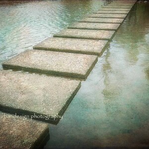 Stepping Stones In Water Photography - ethereal  gold, green, aqua, brown landscape photo, mystical, dreamy print, wall art