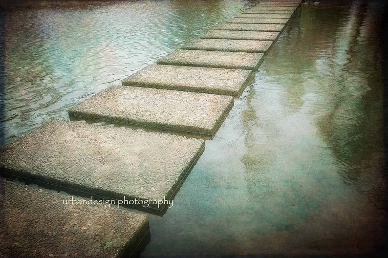 Stepping Stones In Water Photography ethereal gold, green, aqua, brown landscape photo, mystical, dreamy print, wall art image 1