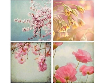 Flower Garden Mini Photography Collection, pink & blue baby nursery prints, vintage chic wall art, floral - Set Of Four Photos