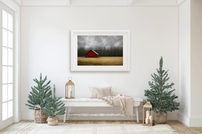 Red Barn Photography, Country Landscape Print, Farm Decor, Old Red Barn Picture, Storm Photography, Rustic Wall Art, Farmhouse Decor, Gold image 2