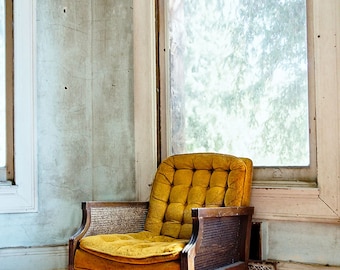 Vintage Chair Photo, Urban Decay Photography, French Home Decor Print, Old Chair, Aqua & Yellow Large Wall Art, Preston Castle Chair