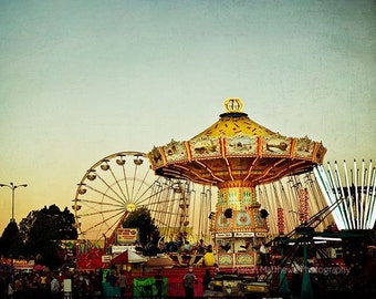 Carnival Ride Into The Sunset Photograph, colorful bright wall art, fair, home decor print - 8x10