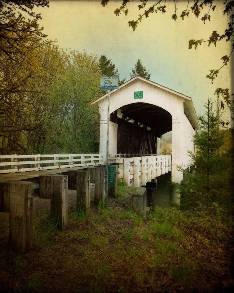 White Covered Bridge, Oregon Photography, old building photo, blue, yellow vintage inspired home decor print, wall art 8x10 image 1