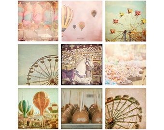 Carnival Photo Set, Hot Air Balloons, Ferris Wheels, Set of Nine Prints, Carnival Pictures, Kids Room Wall Art, Carnival Photography