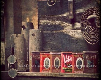 Red Tobacco Tins Vintage Photography, black brown white wall decor - 8x8 photo